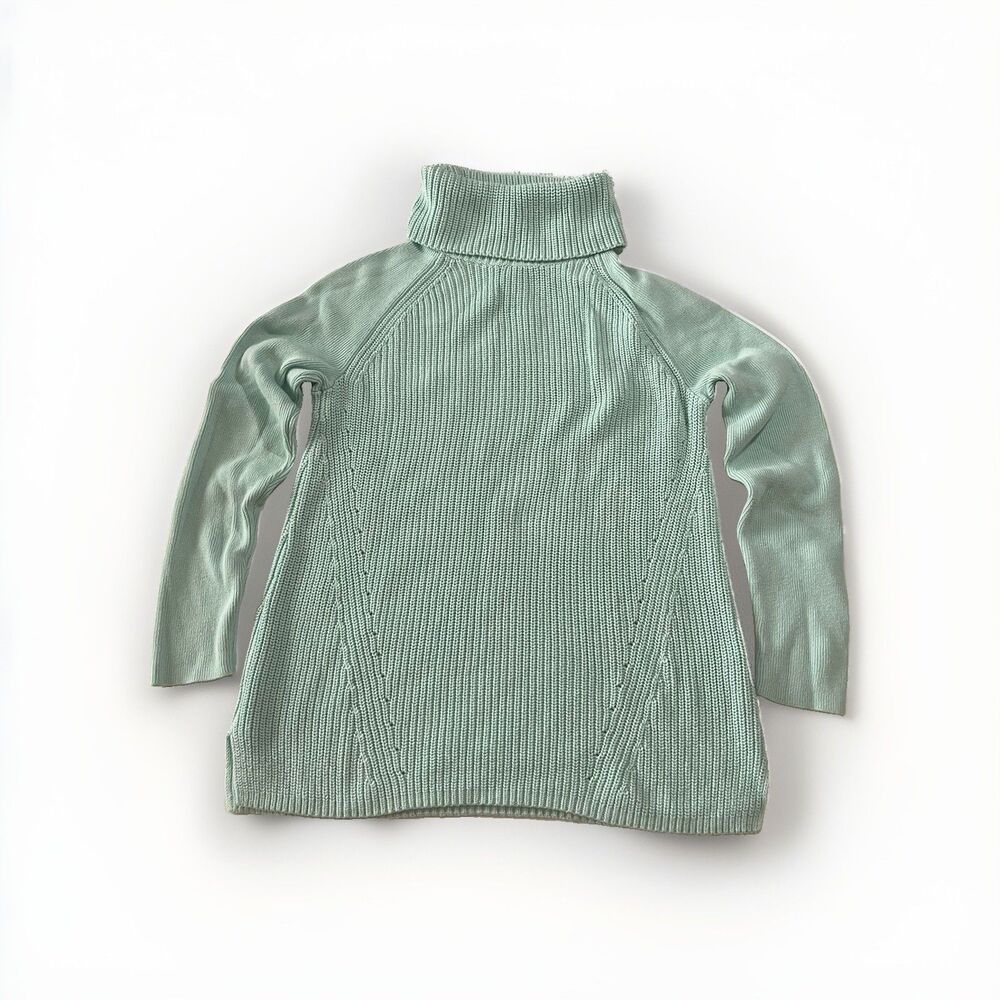 Lands End Womens Medium 10-12 Mint Green Chunky Ribbed Knit Turtleneck Sweater